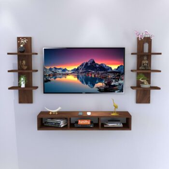 Furnifry Wooden TV Entertainment Unit with 2 Wall Shelf/Wall Set Top Box Shelf Stand/TV Cabinet for Wall/Set Top Box Holder for Home/Living Room Ideal for TV Upto 42" (Brown) Engineered Wood Display Unit