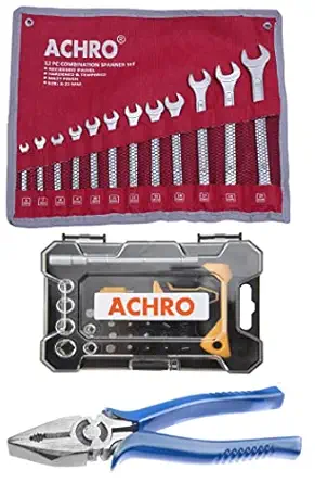 ACHRO 937 Professional Tool Kit Industrial Grade (Contains Combination Spanner Set, Plier and Screwdriver Set with Box Spanners) Tool Kit Set for Home/Garage/Industry (Multicolour, Small), Pack of 37 Pieces