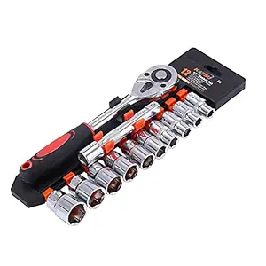 KATSU Tools 1/2 Inch Socket Set 12Pcs, 10-24mm Metric Drive with 24-Teeth Quick-Released Ratchet Wrench and 5" Extension Bar, High Grade Chrome Vanadium Steel, Auto Repairing Garage Tool 420343