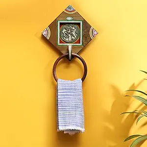 ExclusiveLane Brass-Y on Wood Warli Hand-Painted Sheesham Wood Towel Ring for Wash Basin & Bathroom (Natural Light Brown)