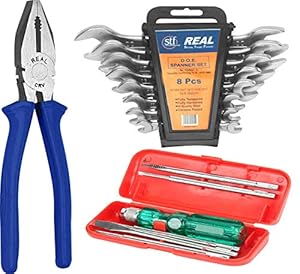REAL stf Multi Hand Tool Kit 15 Pc. - 8 pcs set of Double Open End (D.O.E) spanners with Hanging Tray, Combination Plier 8", 6 Pc. Set of Screw Driver Kit Hand Tool Kit