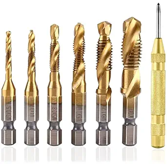 HASTHIP? 7 Pcs 1/4" Hss Spiral Hex Shank Combination Drill Screw Tap Bit Set (M3-M10) with Automatic Spring Loaded Center Punch Tool, Tap Drill Bits Threading Drill Bit Threading Bit Tool, Brass