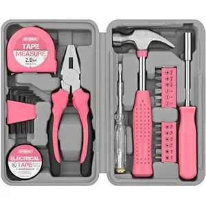 Hi-Spec 24pc Pink Household DIY Tool Kit for Women. Small Mini Tool Box Set of Starter Basic Ladies Tools For Home & Office