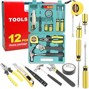 12 in 1 Electrical Repair Home Hand Tool Kit Set With Screwdriver, Hammer, Measuring Tape, Wrenches, Cutter & Pliers All Accessories Hardware Tool box Mechanical Garage Tool Storage kit Emergency Uses