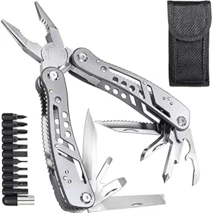24 in 1 Multi Function Plier Tool Stainless Steel Body Includes Carrying Pouch, 11 Screwdriver Bits with Holder, Wire Cutter, Bottle/Can Opener, Cutter Suitable for DIY, Camping & Trekking