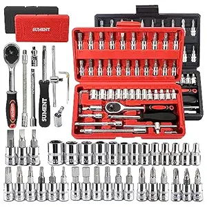 Sument Tool Kit 46 Pieces Power Hand Tools Metric Socket Wrench Multi-Purpose Set 1/4 Inch Drive Sockets with Reversible Ratchet and Extension Bars for Mechanics, Household, Car & Bike Repairing