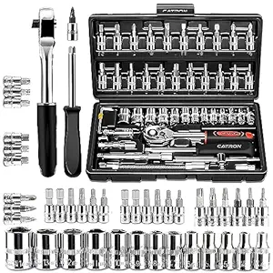 Catron New 46-Piece 1/4-Inch Screwdriver Drive Socket Wrench Set Ct-V Sockets,S2 Bits, Extension Bars, Mechanic Tool Kits (Black), Hex