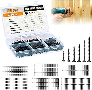 Homdum Assorted Black Dry Wall Screws 6 Sizes (13 mm to 50 mm) + Ph Bit 1 nos, (Pack of 451 Pieces)