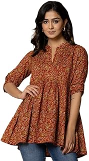 Haute and Humble Women's Cotton Printed Regular Fit Top | V-Neck Half Sleeve Kurta for Women and Girls | Stylish and Comfortable A-Line Kurti for Casual Party Festival Wear (Maroon)
