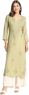 Women's Rayon Straight Cut Round Neck Kurta with Beautiful Lucknowi Chickenkari Work, Stylish Kurti for Women, Daily Use Office and College Wear Kurti (1593)