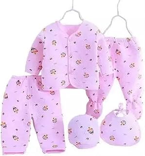 VIN Unisex-Kids Cotton® New Born Baby Printed Semi Winter Wear, Warm Suit, Set 5 Pcs Pack 1-Pyjama 1-Legging 1-Vest 1-Bib 1-Cap 0-3 Months,New Born Gift (One Size, Pink)