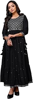 Black Rayon Ankle Length Embroidered Tiered Flared Kurti | Kurta for Women