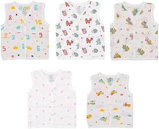 A Toddler Thing Organic Cotton Muslin Button Jabla | White Jhabla | for Boys & Girls | Summer Wear Jabala | Comfortable Baby Products | Sleeveless Vest | Assorted Pack of 5 | Size - 0-3 Months