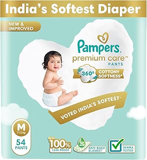 Pampers Premium Care Pant Style Baby Diapers | Medium (M size) | 54 Count | Voted India's Softest | All-in-1 with 360 Cottony Softness Diapers | 7-12kg