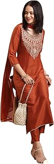 Women's Rayon Viscose Embroidered Straight Kurta with Pant & Dupatta