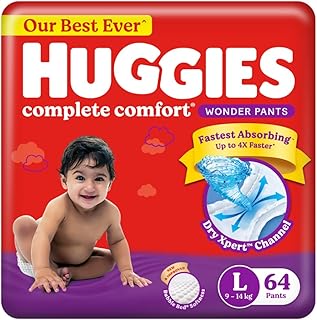 Huggies Complete Comfort Wonder Pants | Pant Style Baby Diapers L Size, 64 Count | India's Fastest Absorbing Diaper, Patented Dry Xpert Channel, Ideal for 9 to 14 Kgs