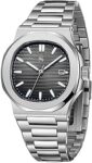 Silver Stainless Steel Analog Square Dial Date Display Wrist Watch for Men -PGNI85