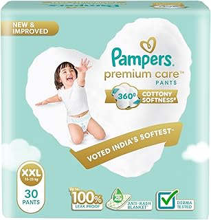 Pampers Premium Care Pant Style Baby Diapers | XX-Large (XXL size) | 30 Count | Voted India's Softest | All-in-1 with 360 Cottony Softness Diapers | 15-25kg