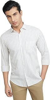 Men's Pure Cotton Stripe Pattern Slim Fit Cut Away Collar Full Sleeve Casual Shirt