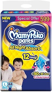 MamyPoko Pants All Night Absorb Baby Diapers, Large (L), 44 Count 9-14 kg