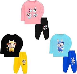 Trendy Printed Unisex Cotton Apparel Full Sleeve T-Shirt Pyjama Track Pant Combo for New Born Baby Kids Boy and Girl Clothing Set (Pack of 3)