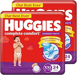 Huggies Complete Comfort Wonder Pants | Pant Style Baby Diapers XXL Size, 48 Count | India's Fastest Absorbing Diaper, Patented Dry Xpert Channel, Ideal for 15 to 25 Kgs