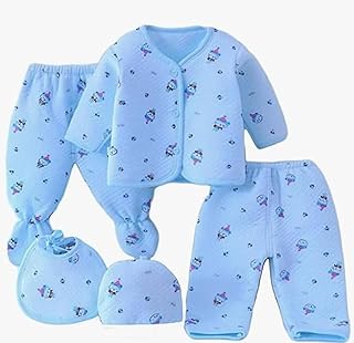 VIN New Born Baby Semi Winter Wear Cotton Blend Floral Dress, Warm Suit, Set 5 Pcs Pack 1-Pyjama 1-Legging 1-Vest 1-Bib 1-Cap 0-3 Months,New Born Gift (One Size, Blue)