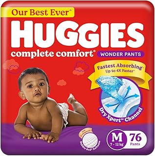 Huggies Complete Comfort Wonder Pants | Pant Style Baby Diapers M Size, 76 Count | India's Fastest Absorbing Diaper, Patented Dry Xpert Channel, Ideal for 7 to 12 Kgs