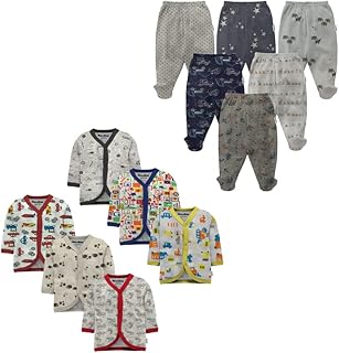New Born Baby Combo Set Cotton Front Open Full Sleeves Vest- Tshirt Jhabla (6PC) and Unisex Kid's Pajama with Booties (6PC)- Perfect for Your Infants with Cutely Print (12 Pieces)