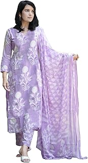 Women's Cotton Blend Printed Straight Kurta with Pant & Dupatta
