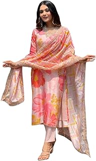 Women's Casual Cotton Blend Floral Printed V Neck Straight Traditional Suit Salwar with Dupatta || Matching Kurta Pant Sets || Festive Ethnicwear