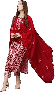 Women's Cotton Blend Printed Straight Kurta with Pant & Dupatta