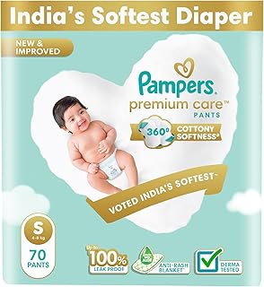 Pampers Premium Care Pant Style Baby Diapers | Small (S size) | 70 Count | Voted India's Softest | All-in-1 with 360 Cottony Softness Diapers | 4-8kg