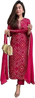 Women's Rayon Viscose Straight Bandhej Printed Kurta with Pant & Dupatta