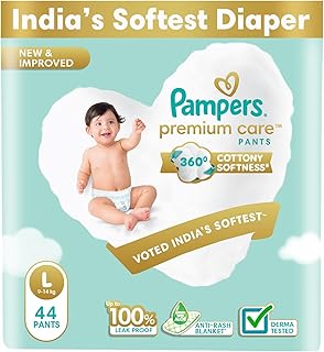Pampers Premium Care Pant Style Baby Diapers | Large (L size) | 44 Count | Voted India's Softest | All-in-1 with 360 Cottony Softness Diapers | 9-14kg