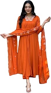 Women's Rayon Blend Anarkali Thread Work Kurta with Pant & Dupatta