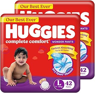 Huggies Complete Comfort Wonder Pants | Pant Style Baby Diapers L Size, 84 Count | India's Fastest Absorbing Diaper, Patented Dry Xpert Channel, Ideal for 9 to 14 Kgs