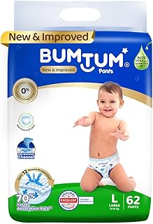 Bumtum Baby Diaper Pants, Large Size, 62 Count, Double Layer Leakage Protection Infused With Aloe Vera, Cottony Soft High Absorb Technology (Pack of 1)