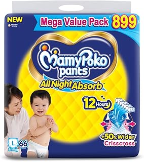 MamyPoko Pants All Night Absorb Baby Diapers Large (L), 66 Count 9-14 kg