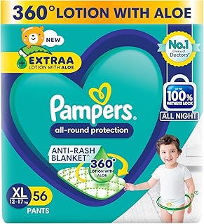 Pampers All Round Protection Pants Style Baby Diapers, Extra Large size (XL) 56 Count, 12-17kg, Anti-rash blanket, 360 degree Lotion with Aloe Vera