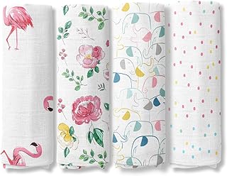 Haus & Kinder 100% Cotton Muslin Swaddle for New Born Baby- Swaddle Cloth for New Born, Baby Swaddle Wrap for New Born, Muslin Cloth for New Born Baby | (Multicolor, Adorable Designs), 4 Pc, 100x100cm