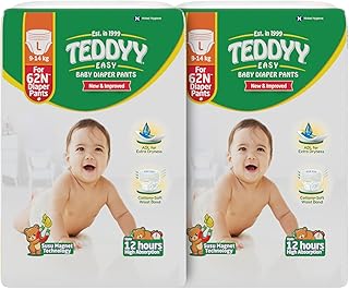 TEDDYY Baby Easy Large Diaper Pants 124 Count (Pack of 2), 9-14 kgs, 10 hrs Leak Protection, Anti - Bacterial