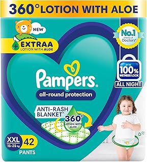 Pampers All Round Protection Pants Style Baby Diapers, Double Extra Large size (XXL) 42 Count,15-25kg, Anti-rash blanket, 360 degree Lotion with Aloe Vera