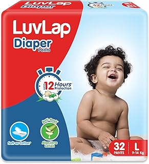 LuvLap Baby Diaper Pants Large (LG) 9-14Kg, with Aloe Vera Lotion for rash protection, with upto 12Hr protection, Pack of 32