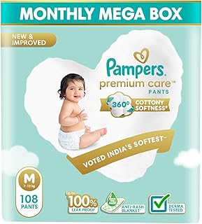Pampers Premium Care Pant Style Baby Diapers | Medium (M size) | 108 Count | Voted India's Softest | All-in-1 with 360 Cottony Softness Diapers | 7-12kg