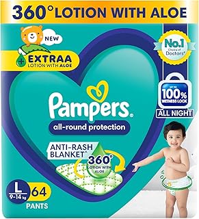 Pampers All Round Protection Pants Style Baby Diapers, Large size (L), 64 Count, 9-14kg, Anti-rash blanket, 360 degree Lotion with Aloe Vera