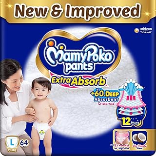 MamyPoko Pants Extra Absorb Baby Diapers, Large (L size) | 9-14 kg | 64 Count |Deep Sleep Diapers| Soft gentle fit |Deep Absorbent Crisscross | skin friendly with coconut oil |