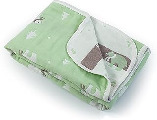 LuvLap 100% Muslin Cotton 6 Layered Reversible Baby Quilt Cum Wrapper Blanket - Green Bear