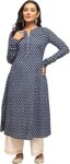 Women's Floral Printed Navy Blue Cotton A-Line Kurta