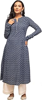 Women's Floral Printed Navy Blue Cotton A-Line Kurta